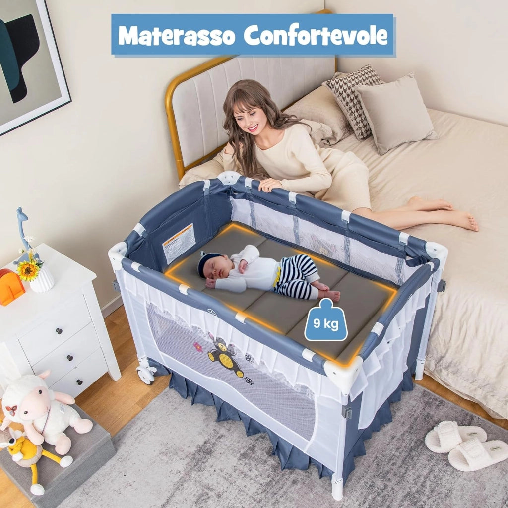 Lettino da Campeggio per Bambini, Culla Pieghevole con Fasciatoio Zanzariera, Box Neonati con Giocattoli, Ruote, per Bambini 0-36 Mesi (Grigio)
