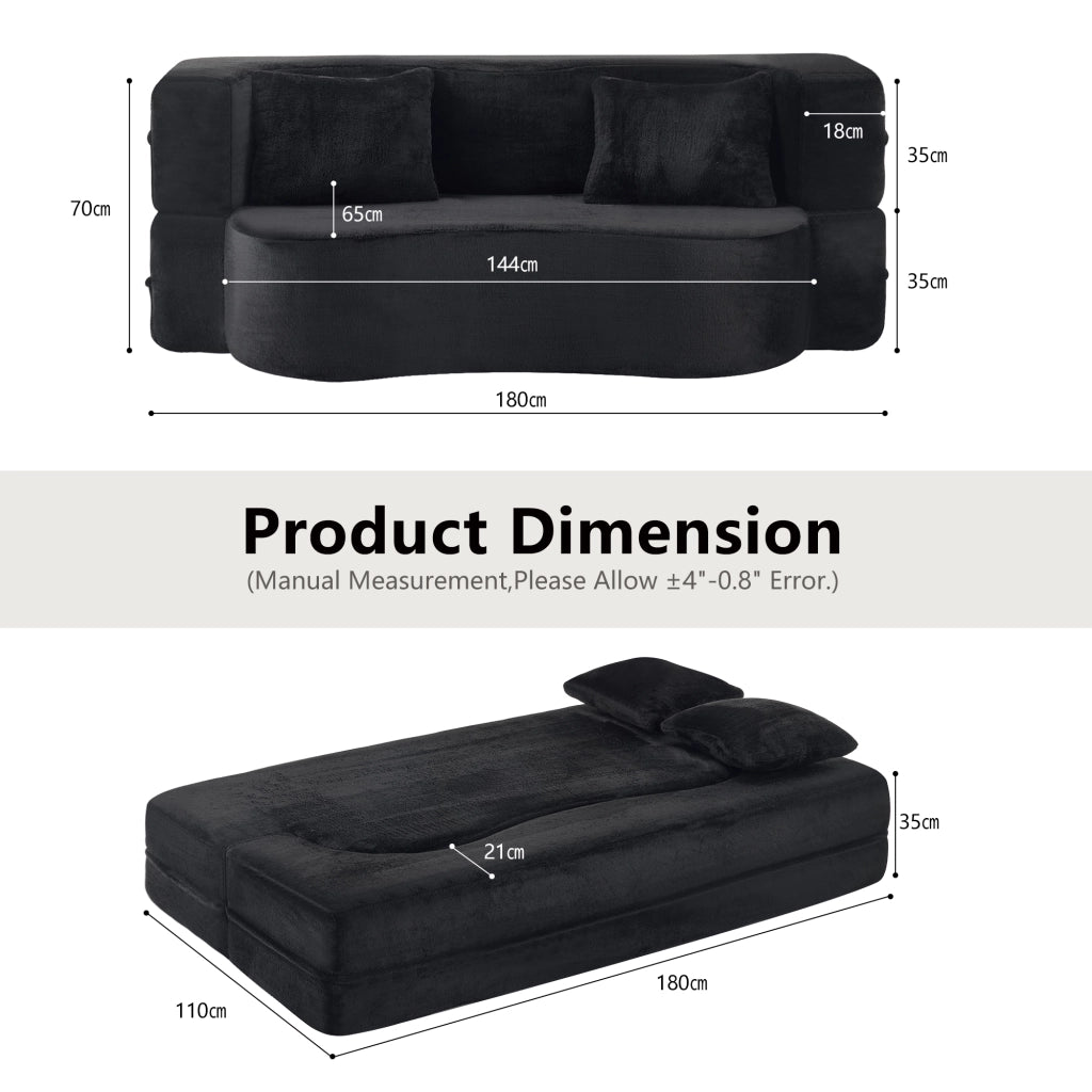 Divano letto pieghevole futon in schiuma con 2 cuscini e rivestimento in peluche corto nero 34 × 34 × 124 cm