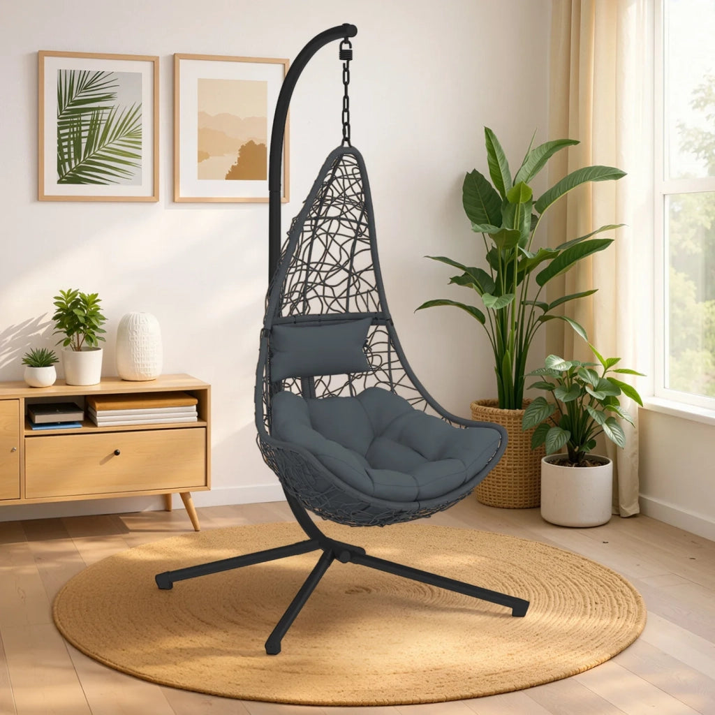 IDMarket - Poltrona sospesa a mezzaluna in rattan traforato grigio con cuscino grigio