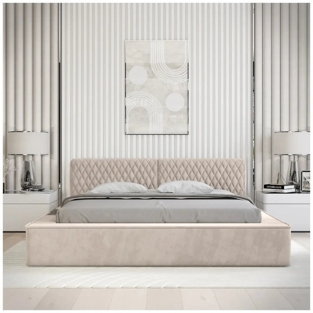 Lit coffre VERNON – Tessuto ciniglia bouclé Sabbia rosata – 140x200 cm – Rete sollevabile – Design di alta gamma
