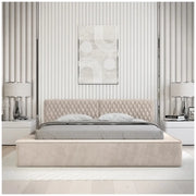 Lit coffre VERNON – Tessuto ciniglia bouclé Sabbia rosata – 140x200 cm – Rete sollevabile – Design di alta gamma