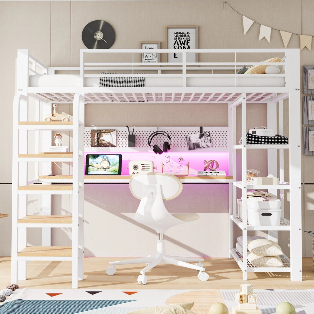 Letto a soppalco singolo 90 × 200 cm con scrivania, LED, prese, ripiani e scala, senza materasso, bianco