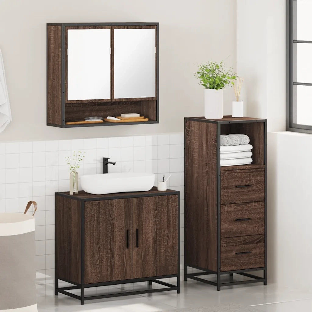 Set Mobili da Bagno 3 pz Rovere Marrone in Legno Multistrato