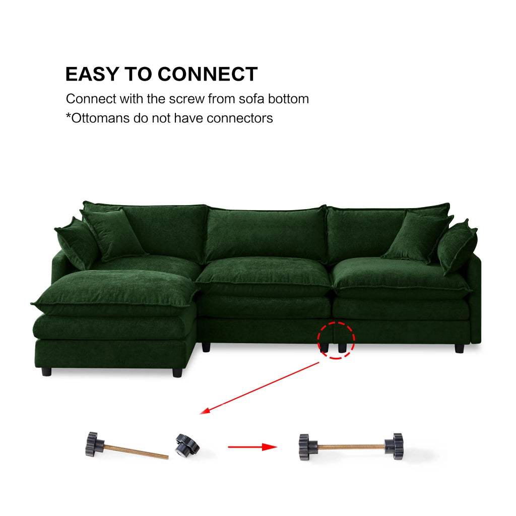Divano angolare modulare con pouf mobile in chenille verde con seduta in memory schiuma e per 3 persone
