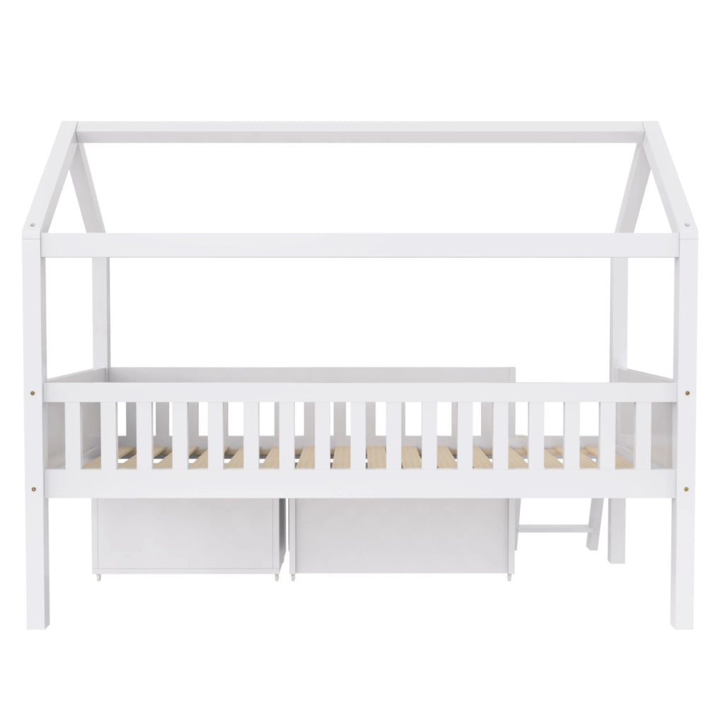 Letto a casetta 90 x 200 cm bianco in legno di pino con cassetti