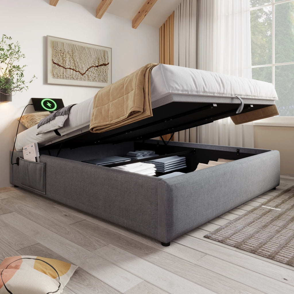 Letti contenitori 140x200 cm; sollevamento idraulico e USB; lino; grigio (Senza materasso)