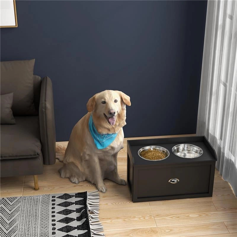 CIOTOLE PER CANI RIALZATE IN ACCIAIO INOX E LEGNO CON CASSETTO 60X30X36 CM NERO
