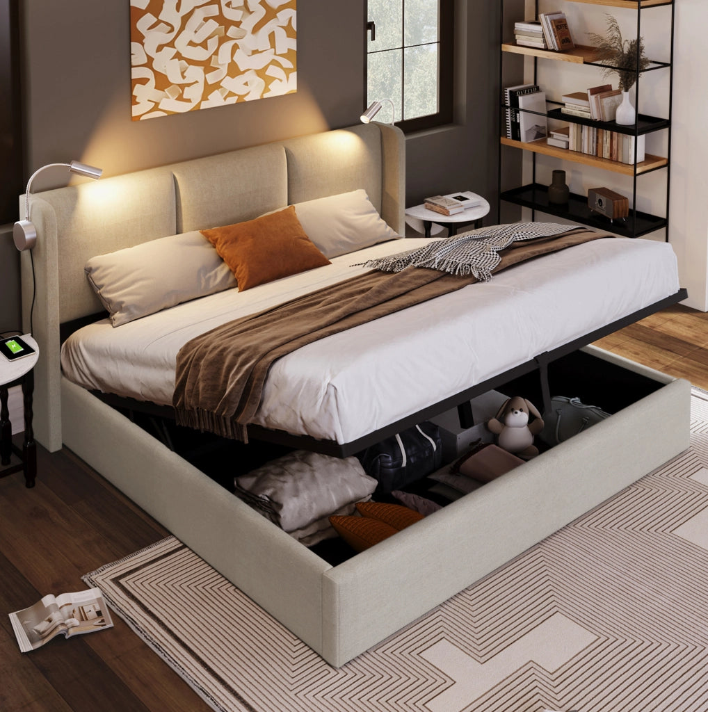 Letto matrimoniale contenitore 160x200 cm in lino beige con luce da lettura e USB