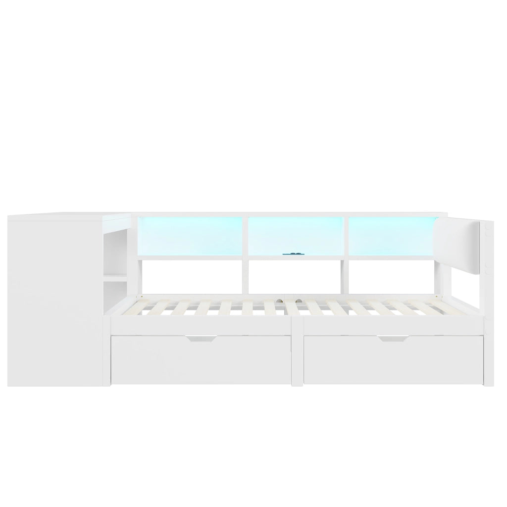 LETTO a piattaforma 90x200 cm bianco con testiera imbottita, ripiani, cassetti, USB e LED