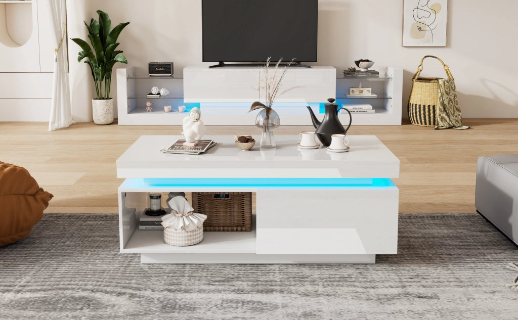 TAVOLINO DA CAFFÈ LED 100x50x40,3 cm Bianco Pannello di legno con cassetto