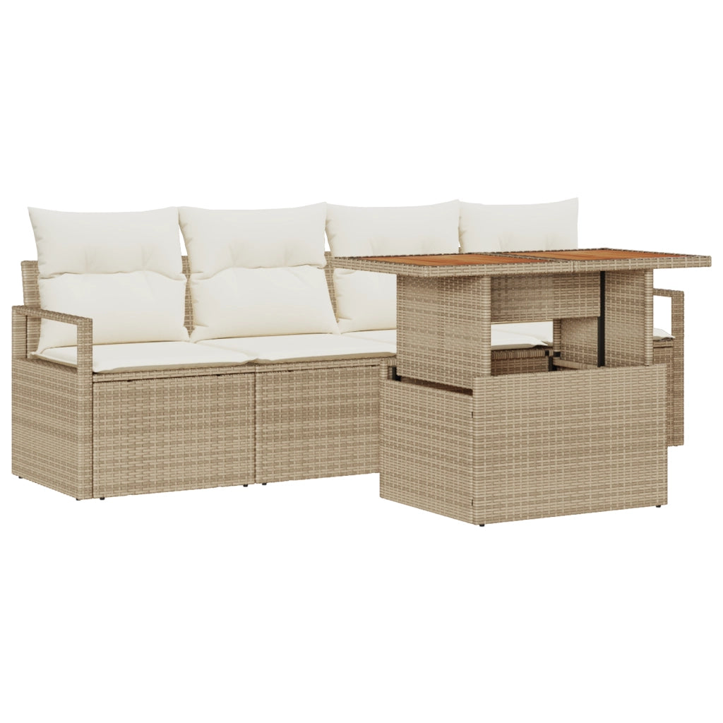 Set Divano da Giardino 5 Pezzi con Cuscini Beige Poly Rattan Acacia