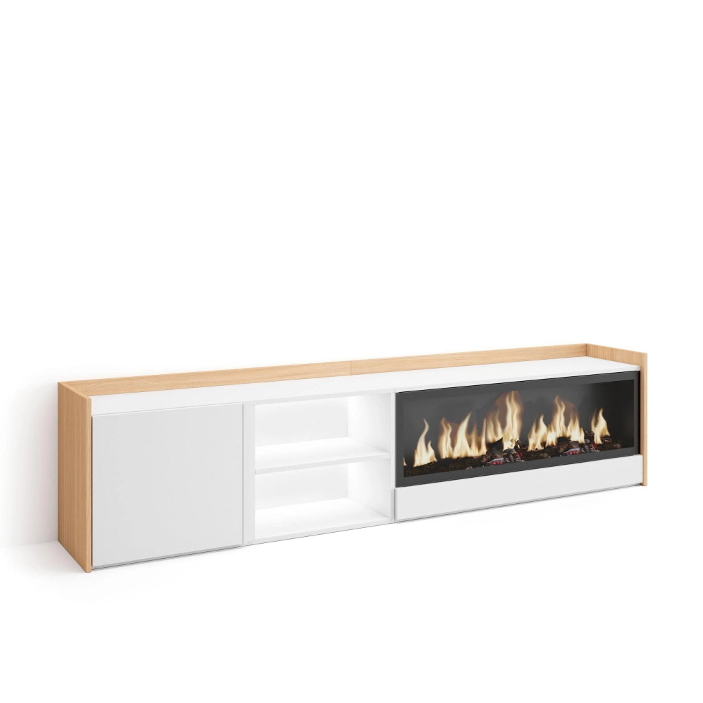 Mobile TV Soggiorno, 212x50x35 cm, Per TV fino a 80", Camino elettrico XXL, LED, Bianco e Rovere soft