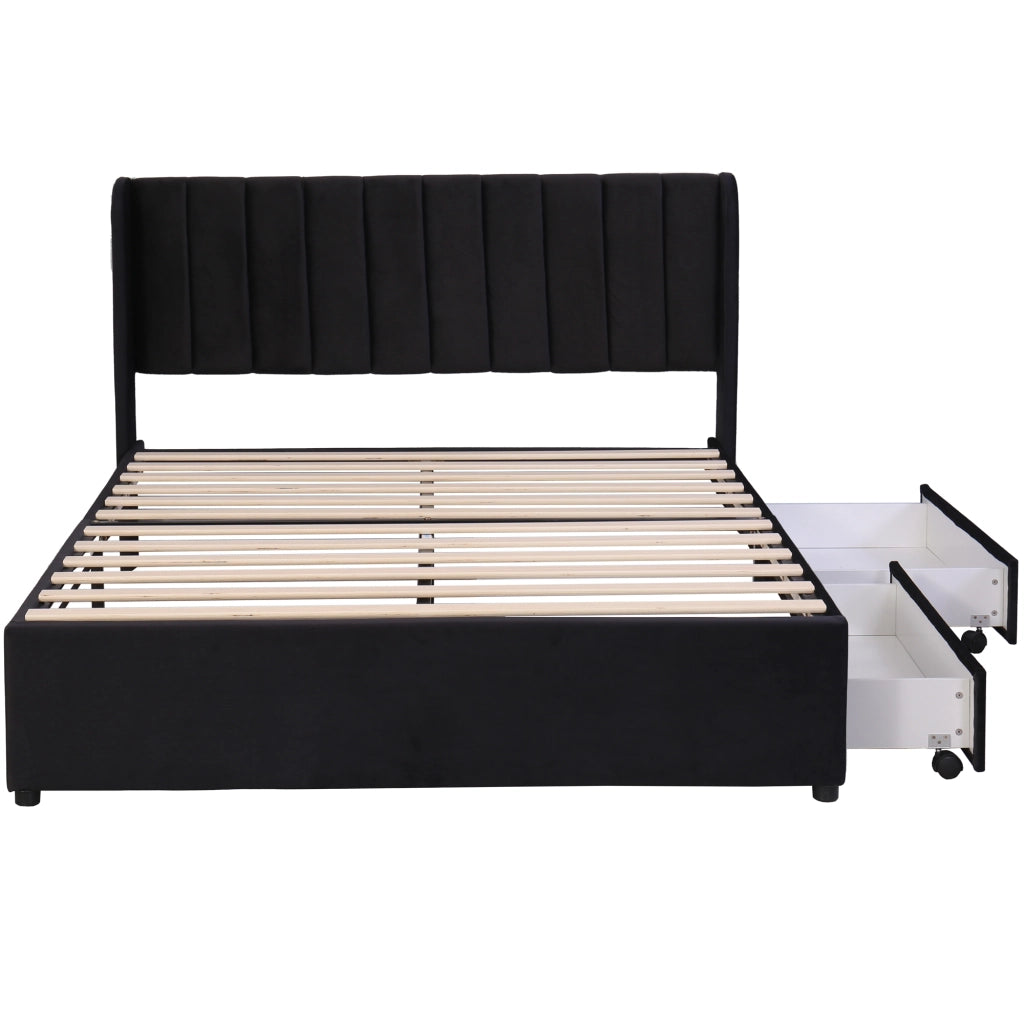 Letto imbottito in velluto nero 160x200 cm con rete a doghe, 2 cassetti e testiera alta