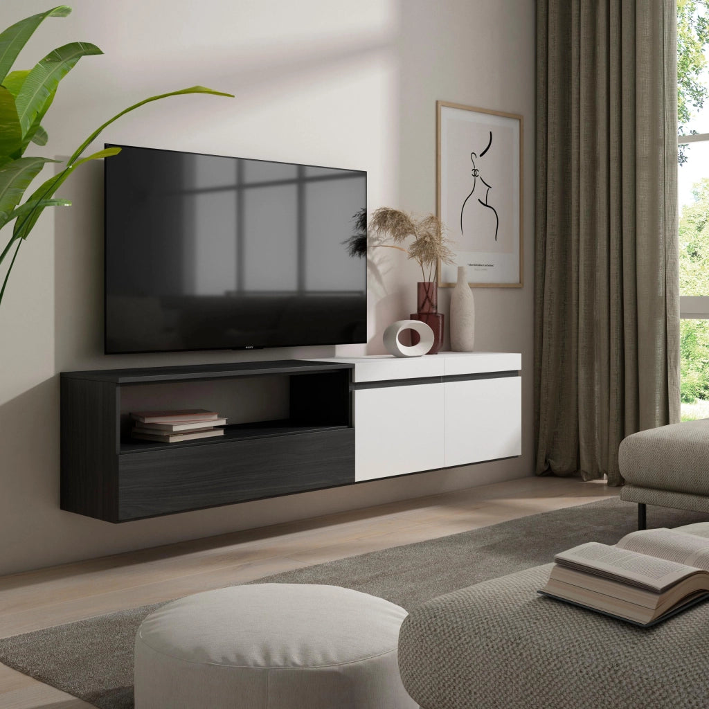 Mobile TV, 200x35x45cm, soggiorno, Per TV fino a 80", da appendere, Bianco e nero RF2162