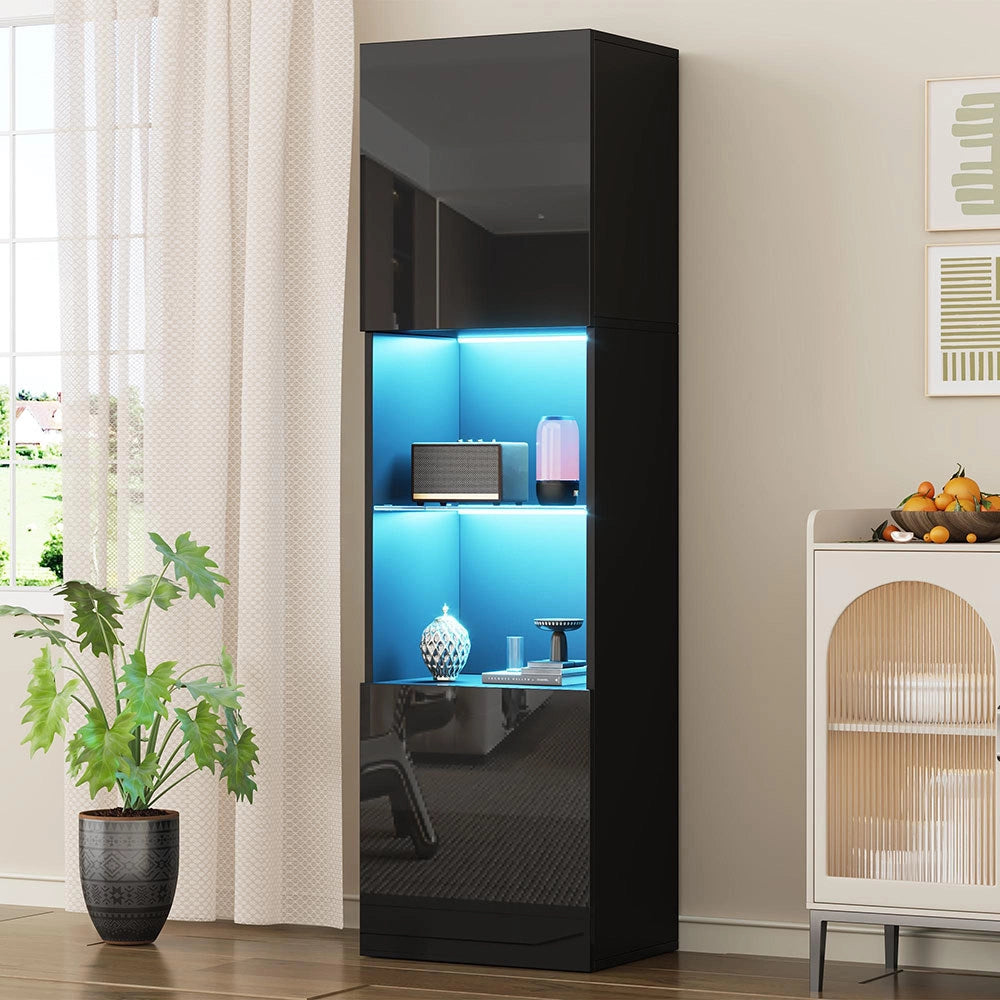 Armadio vetrina nero brillante - Xylo - 45*35*160 cm - Illuminazione LED, ripiano in vetro