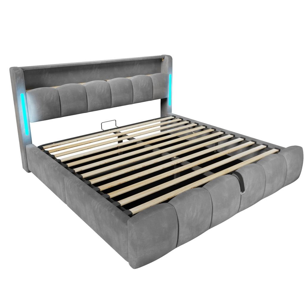 Letto imbottito 180x200 cm con luci LED; contenitore idraulico e porte USB; velluto grigio