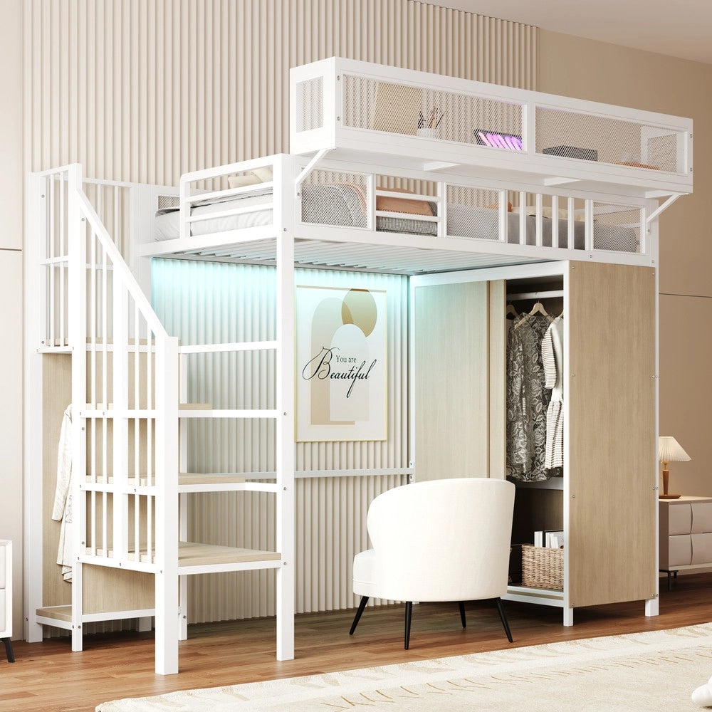 Letto a Soppalco con Armadio e LED ¨C MINIMAL ¨C Metallo Bianco 90x200