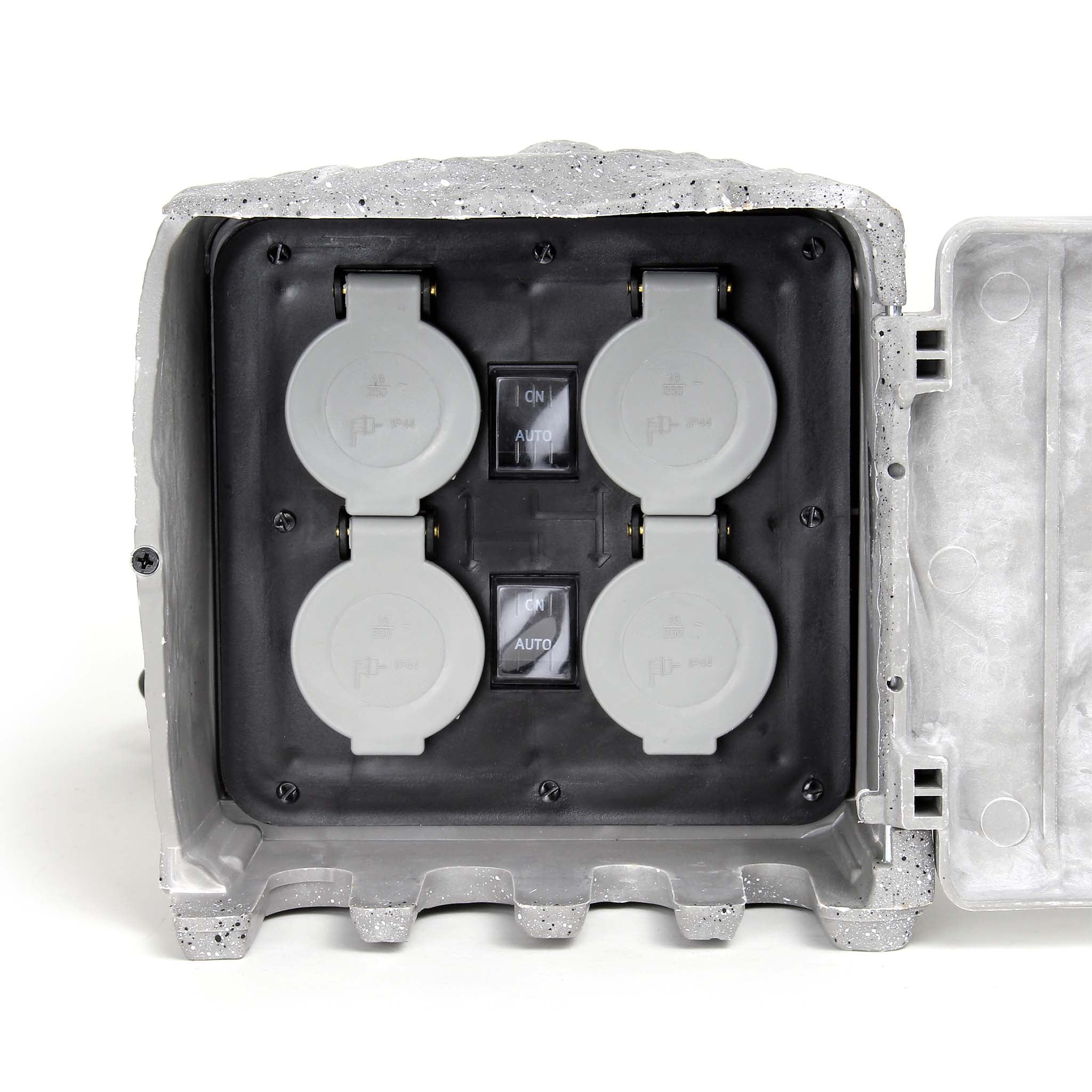 Presa multipla con sensore, effetto pietra, Multipresa per esterno con 4 prese, protezione IP44