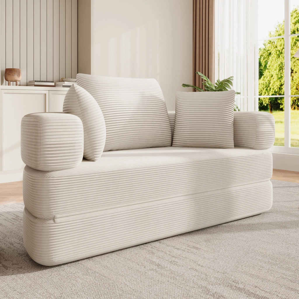 Divano letto, design senza struttura, divano a mezzaluna, con cuscini, divano modulare, tessuto in velluto a coste, beige