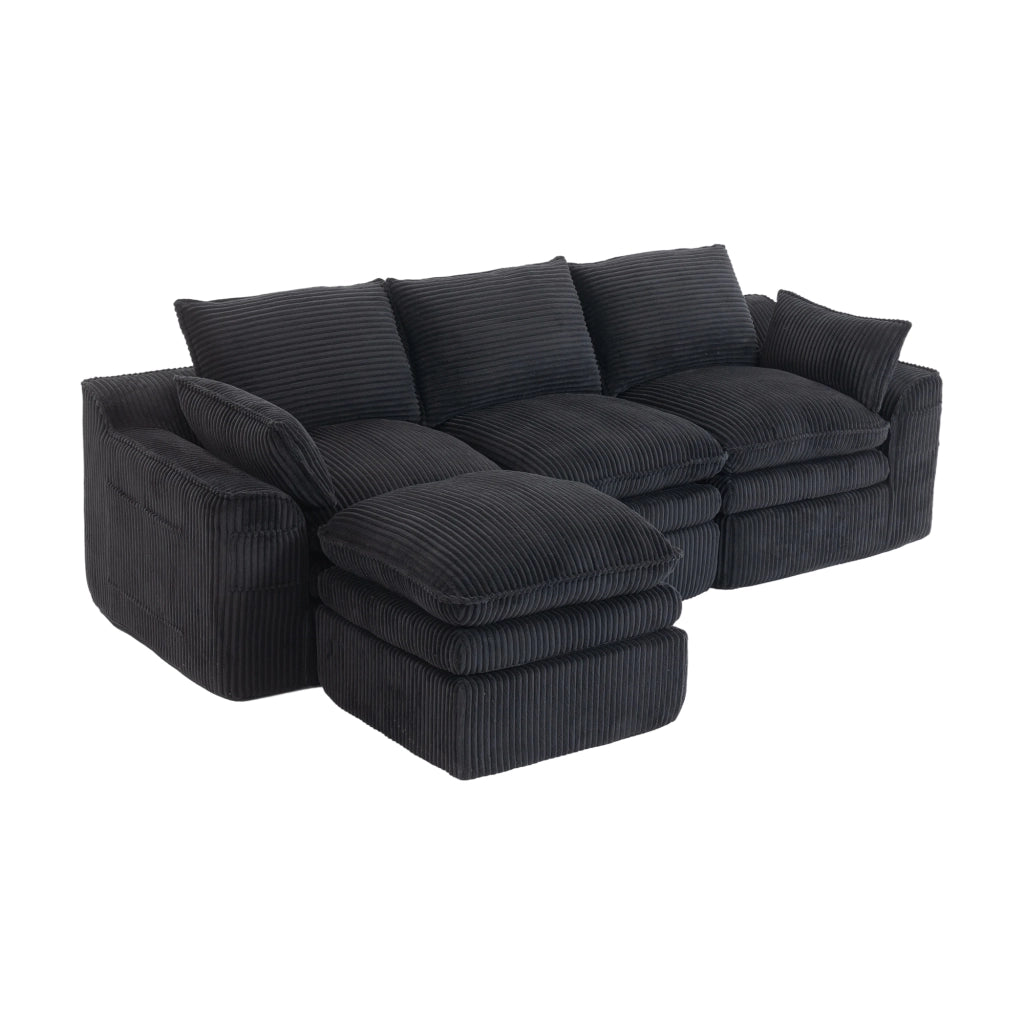 Divano modulare 3 posti in corduroy nero con pouf, tasche laterali e struttura a molle