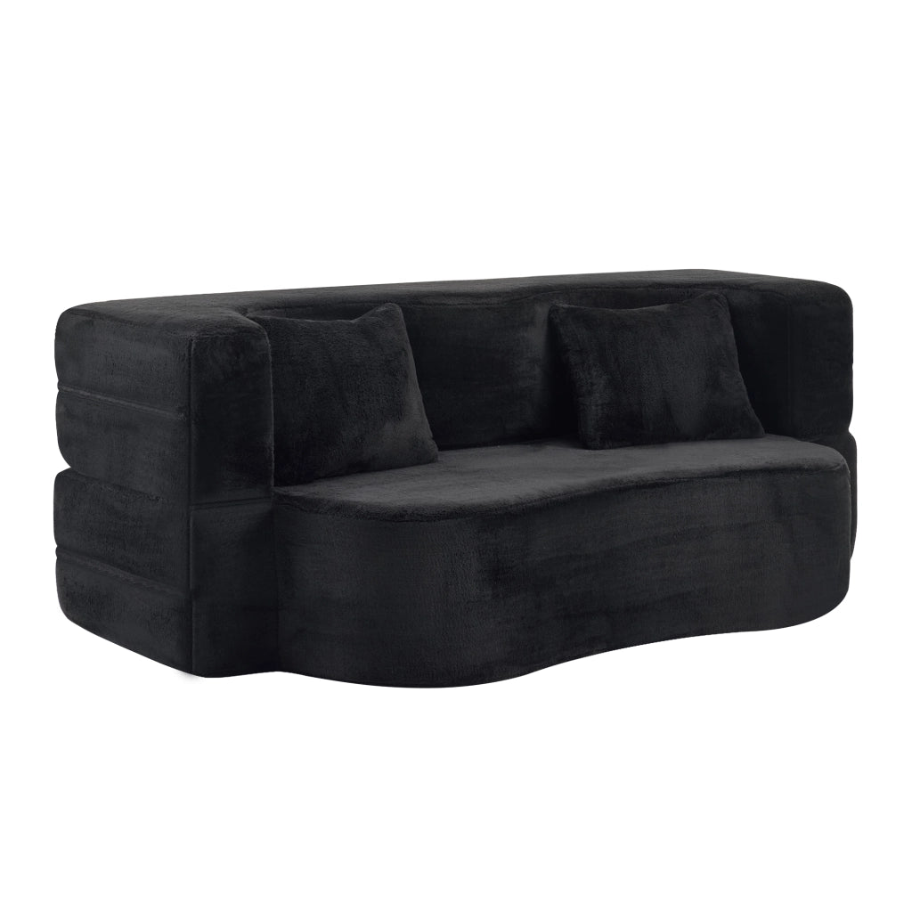 Divano letto pieghevole 2 posti con funzione letto e 2 cuscini in tessuto effetto peluche nero
