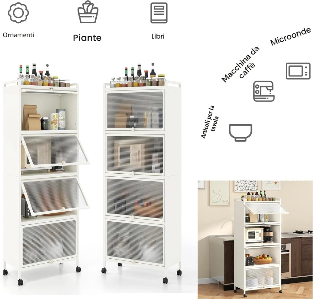 Mobile Dispensa Cucina a 5 Livelli, Mensola Microonde con Anta a Vista, Ruote, Dispositivo Antiribaltamento, Scaffale da Cucina in Ferro per Soggiorno, Sala da Pranzo, 60x32x154cm (Bianco)