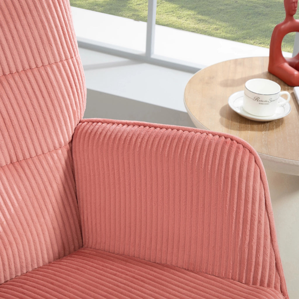Poltrona a dondolo con braccioli e base in legno, in poliestere effetto corda rosa 98 × 71 × 101 cm