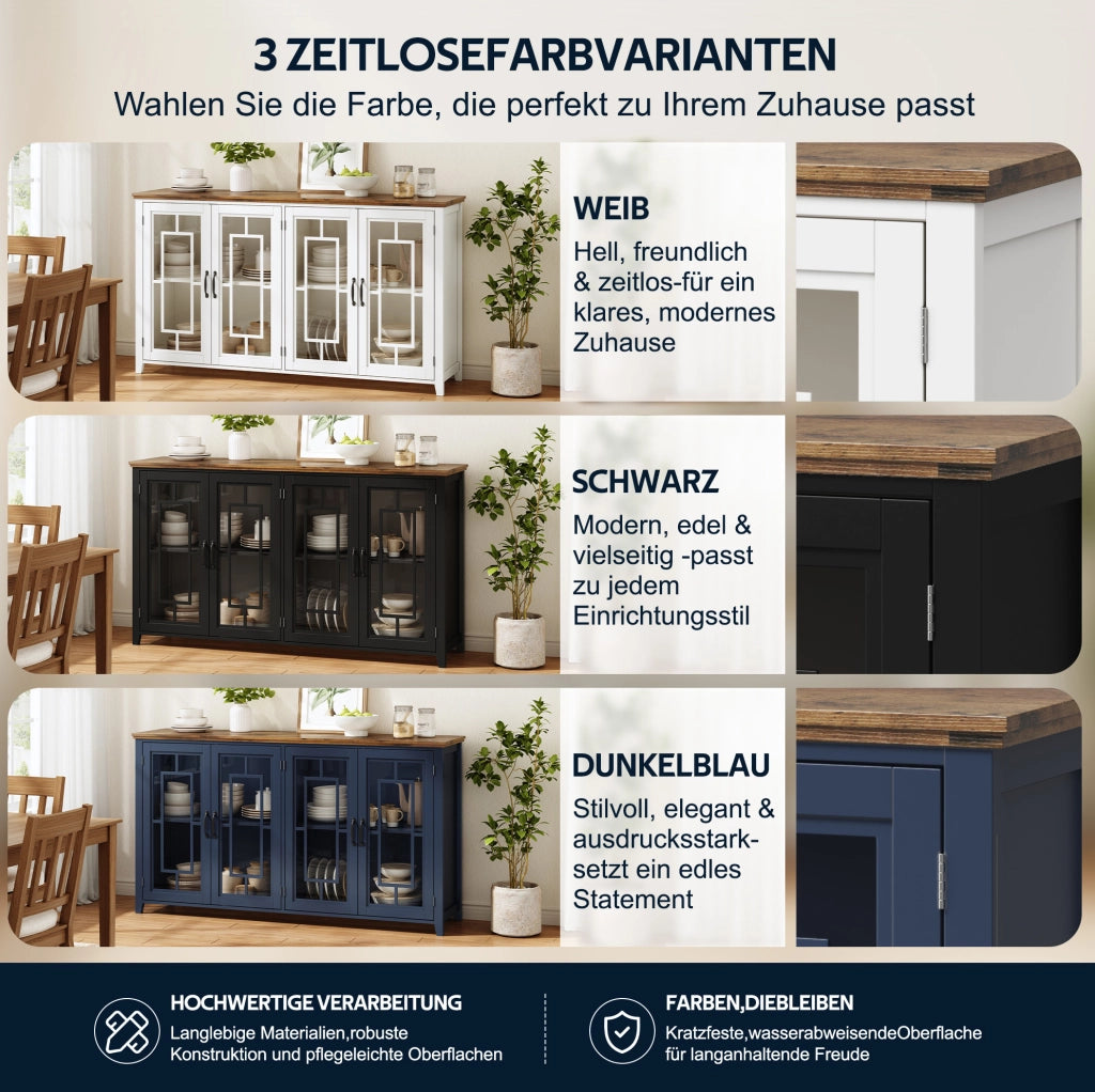 Credenza da cucina 160 cm bianca con ante in vetro e ripiani
