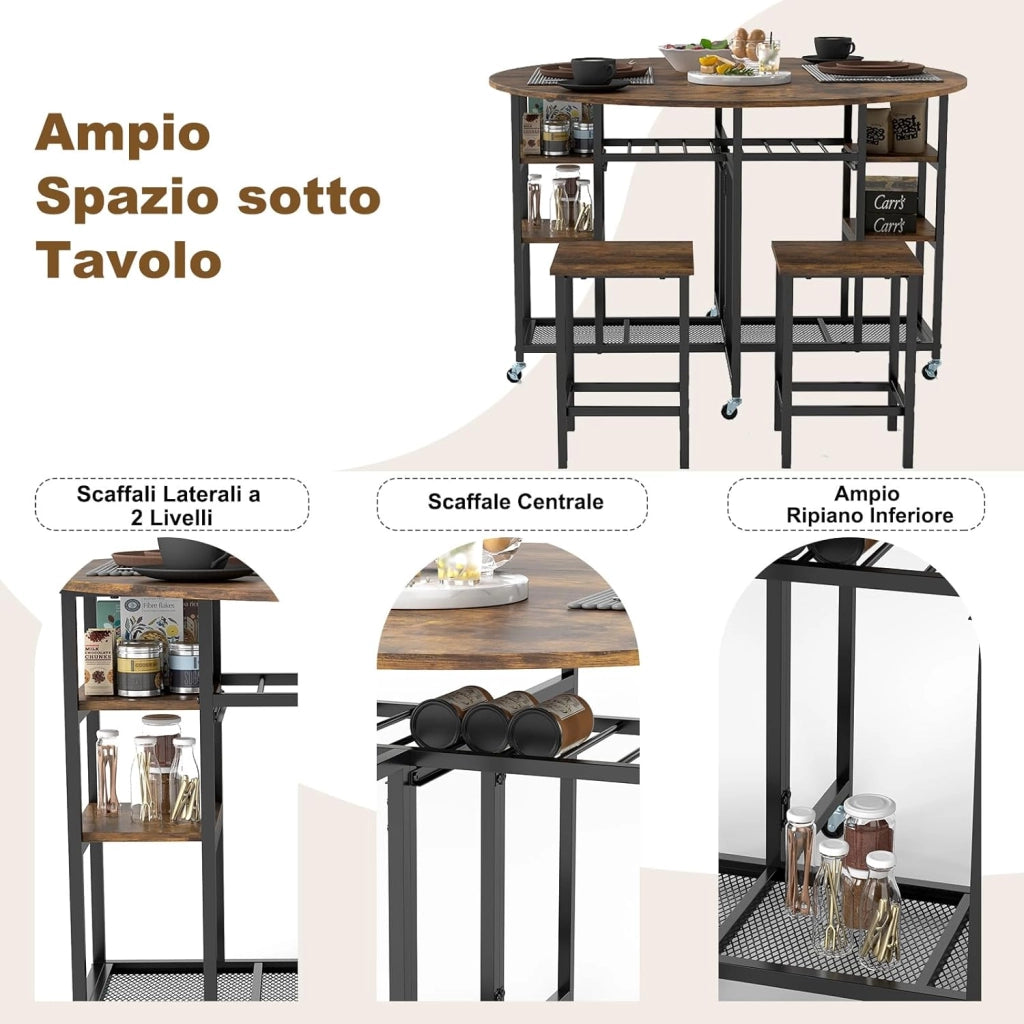 Set da Pranzo Pieghevole a 3 Pezzi, Tavolo da Cucina Rotondo con Ampio Piano e 2 Sgabelli, Scaffali e 6 Ruote Universali, Tavolo da Pranzo per Soggiorno, Sala da Pranzo e Cucina