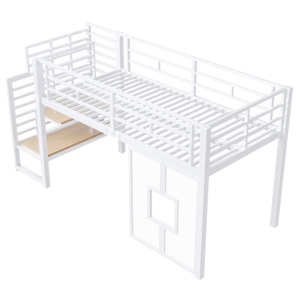 Letto a soppalco 90x200 cm con scala contenitore, LED e finestre