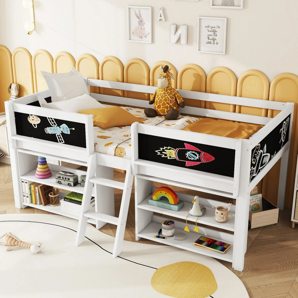 DESMIU Letto Bambino Semialto 1 Posto con Ripiani, Sponde e Scala 90 × 200 cm, senza materasso, Bianco