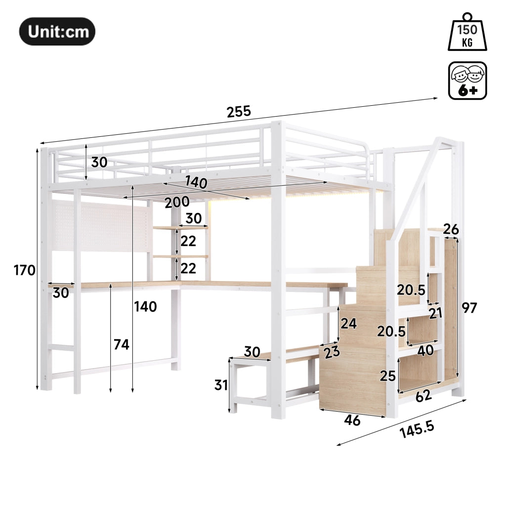 Letto a soppalco matrimoniale 140×200 cm con scrivania; USB e Type-C; LED; ripiani; scala contenitore; senza materasso; bianco