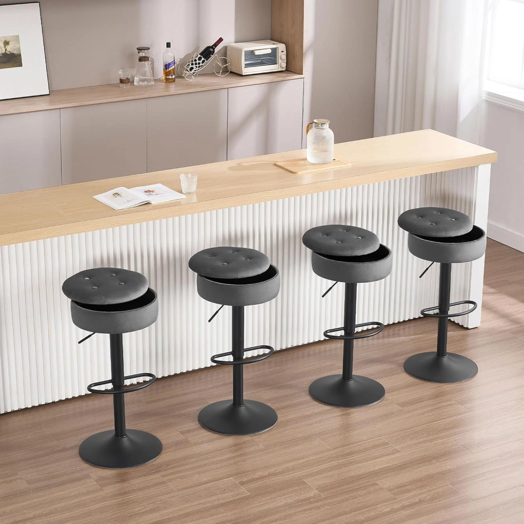 Set di 2 Sgabelli da Cucina, Sgabelli da Bar Alti con Spazio Contenitivo, Sedia Regolabili in Altezza e Girevoli a 360°, per Cucina Sala da Pranzo Bar Bancone, Velluto, Metallo, Grigio Scuro