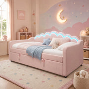 Letto singolo con contenitore 90 × 200 cm con sollevamento idraulico LED telecomandato in velluto rosa MDF