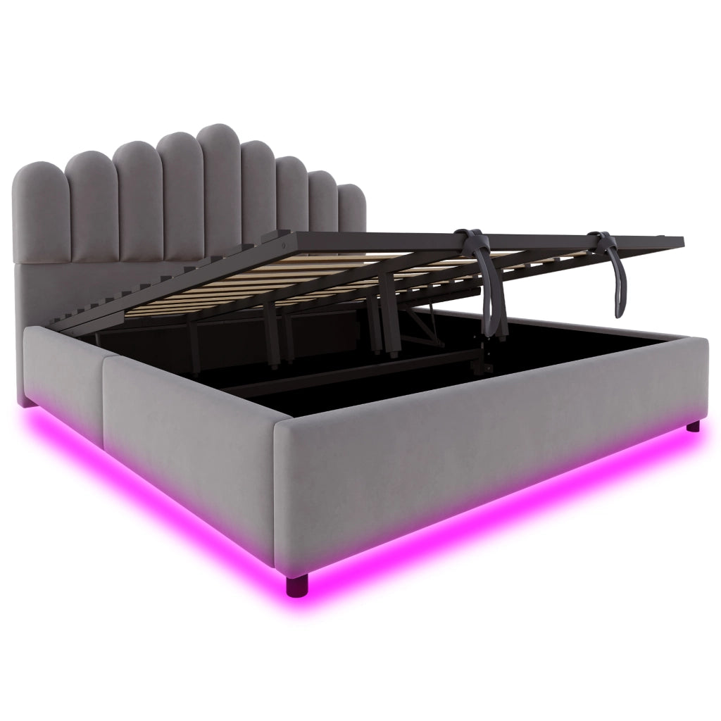 Letto imbottito 180x200 cm con contenitore idraulico, testiera imbottita, luce LED e struttura a doghe, colore grigio