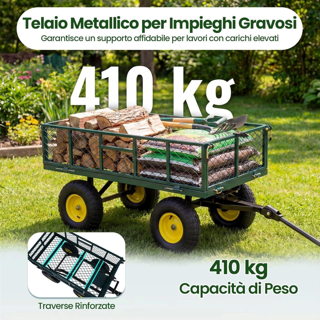 Carrello da Giardino in Metallo, Carretto a Mano con 4 Ruote Pneumatiche, Sponde Rete Rimovibili, Borsa Portaoggetti e Manico Regolabile, Portata 410 kg, per Giardinaggio, Trasporto e Fattoria