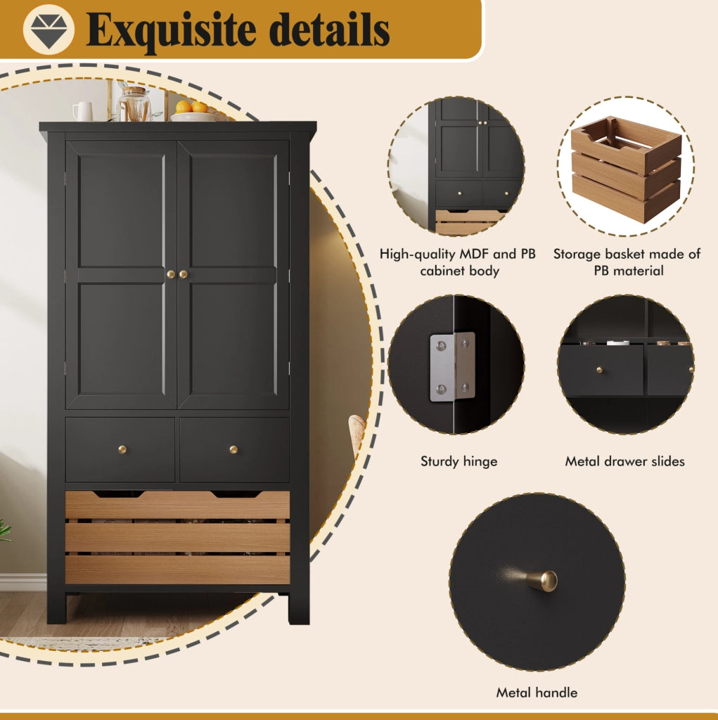 Mobile alto da cucina ULEVR 80x40x140 cm con 2 ante, 5 cassetti e 2 ripiani, nero