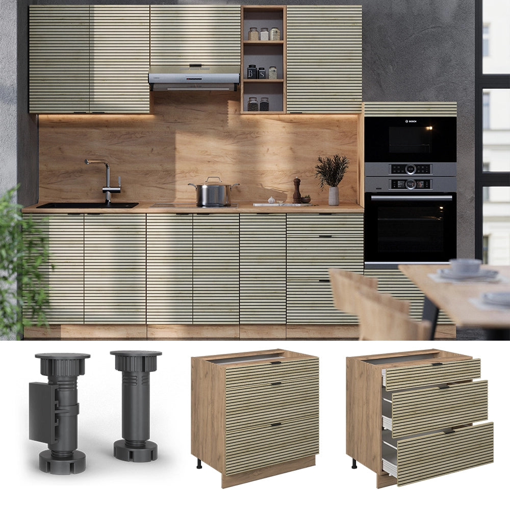 Mobiletto base per cucina Fame-Line Pannello in quercia/Rovere dorato 80 cm con 3 cassetti, senza AP Vicco