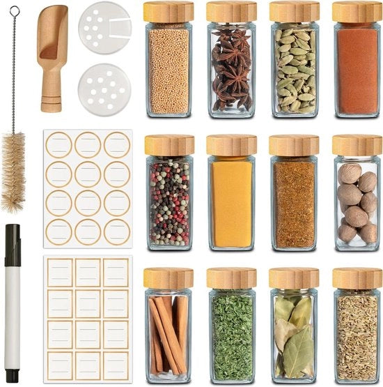 Set di contenitori per erbe con coperchio in bambù da 12 pezzi 120ml, accessorio per distribuzione, pennello per etichette, spazzola e cucchiaio in legno.