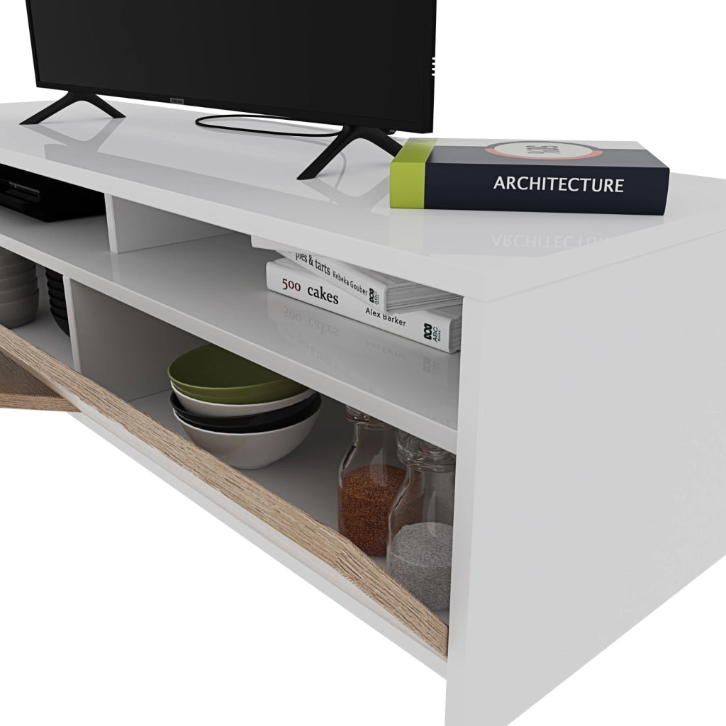 Mobile Soggiorno Porta Tv Moderno Parete Attrezzata Con 2 Ante E 2 Vani A Giorno Mobiletto Salvaspazio Da Terra Per Televisione Soggiorno Salotto Camera Da Letto 130 x 40 x 35 Cm Bianco E Rovere