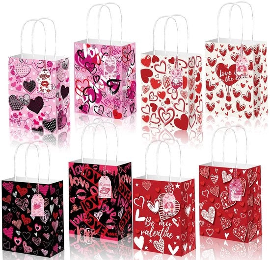 Set di tazze per trattamento 12 pezzi - Set di regali per San Valentino - Maniglie - Borse di carta per buoni - Disegno di cuori - Stile dolce - Borse di regalo