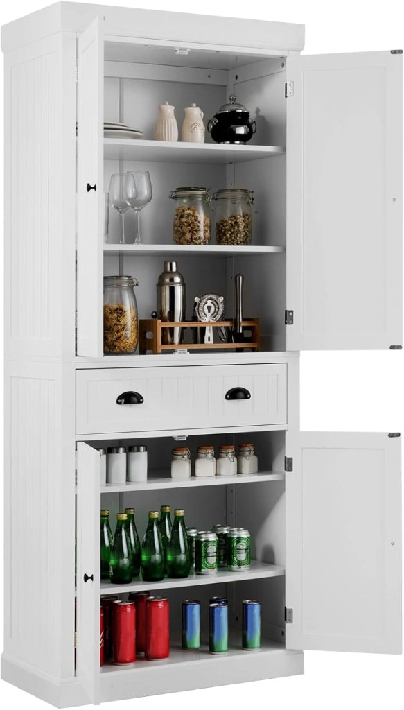 Credenza Alta Cucina, Mobile da Cucina Moderno con 2 Ante e Cassetto, con Ripiani Regolabili, Dispensa Cucina per Soggiorno, Cucina e Sala da Pranzo, 76 x 40 x 183 cm (Bianco)