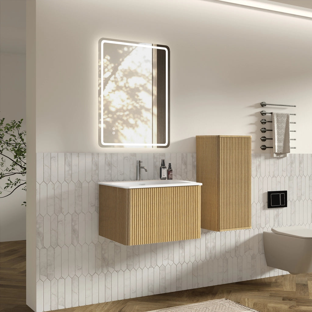 Armadietto da bagno moderno con specchio LED antinebbia e lavabo, mobile sospeso con colonna, in MDF, rovere