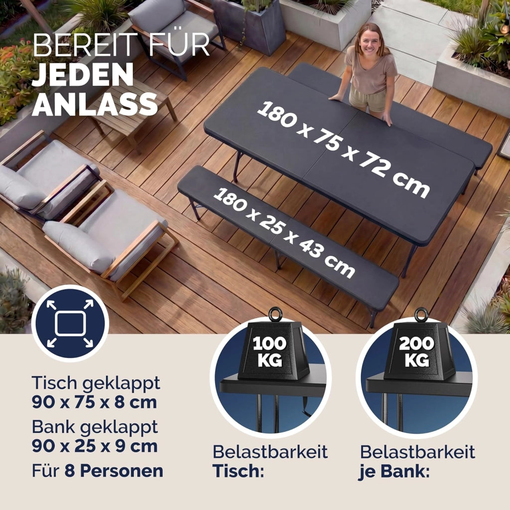 ® Set da Birreria Pieghevole in Plastica con Maniglia Tavolo 2x Panca 3 Pezzi 180cm Campeggio Giardino Sagra