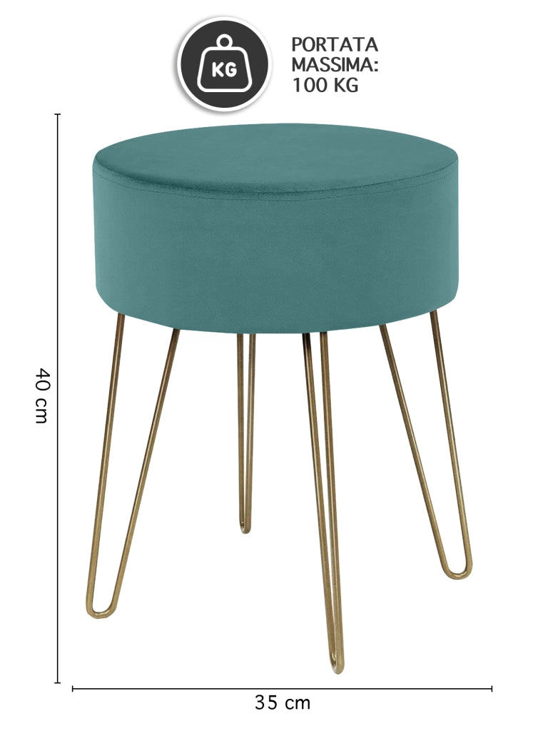 Pouf Poggiapiedi In Velluto Con Gambe Dorate Elegante Imbottito Sgabello Per Toeletta Mobile Trucco Ottomano Ingresso Tavolino Camera Da Letto Soggiorno Salotto  - Petrolio - Rotondo