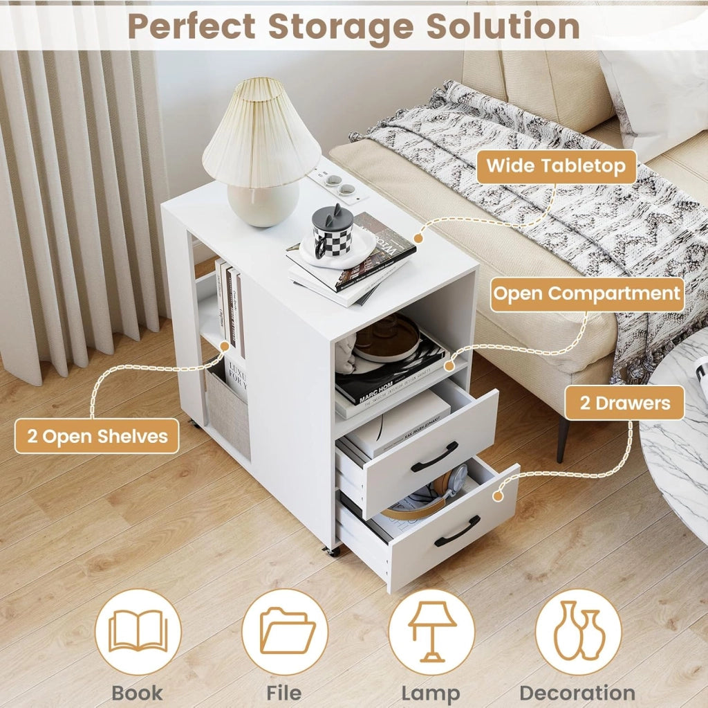 Tavolino Laterale Mobile con Stazione di Ricarica, Comodino con Cassetti, Ripiani e Ruote Bloccabili, Tavolino Moderno per Camera da Letto, Ufficio e Soggiorno, 60 x 40 x 65,5 cm (Bianco)