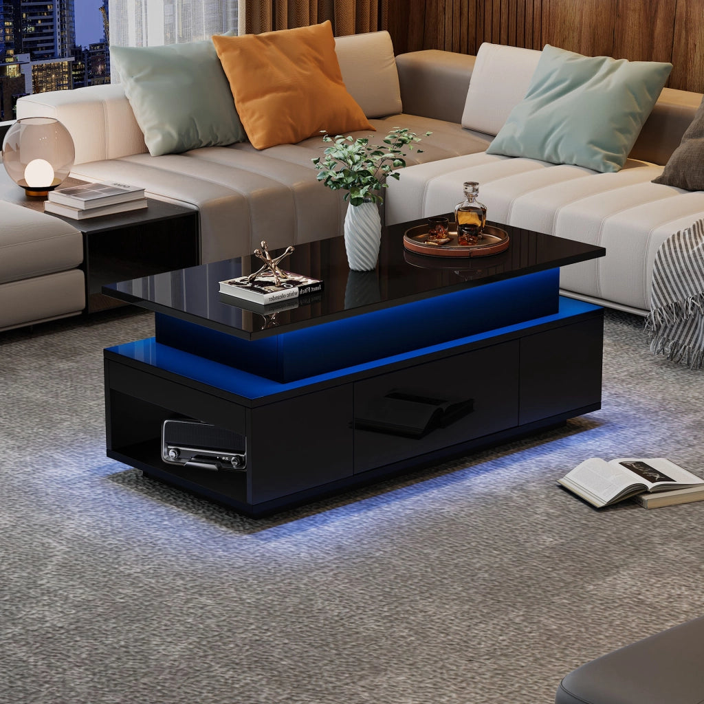 TAVOLO DA SALOTTO ALZABILE 96x45x40 cm NERO in pannello di legno con LED e cassetto