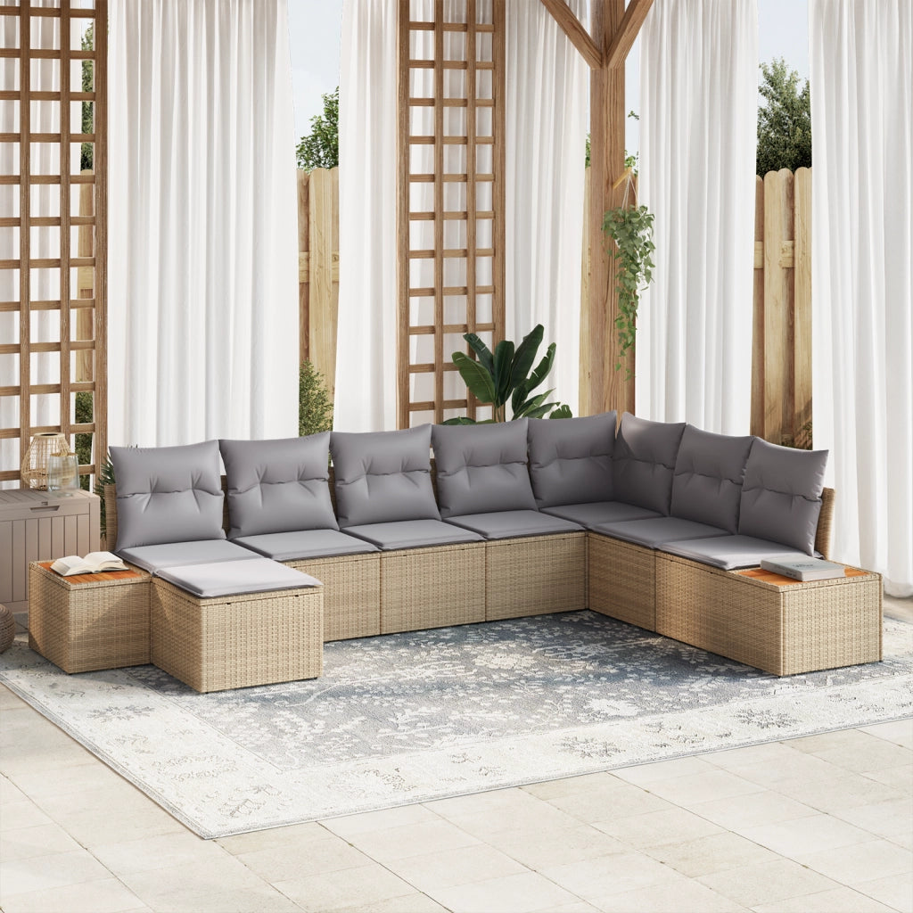 Set di Divano da Giardino 8 Pezzi con Cuscini Beige in Polyrattan e Acacia