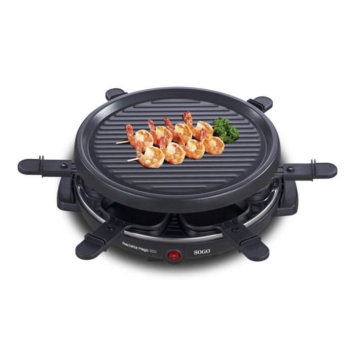 Raclette elettrica con grill antiaderente 28 cm, 6 persone 800W per sciogliere formaggio e grigliare carne - Sogo