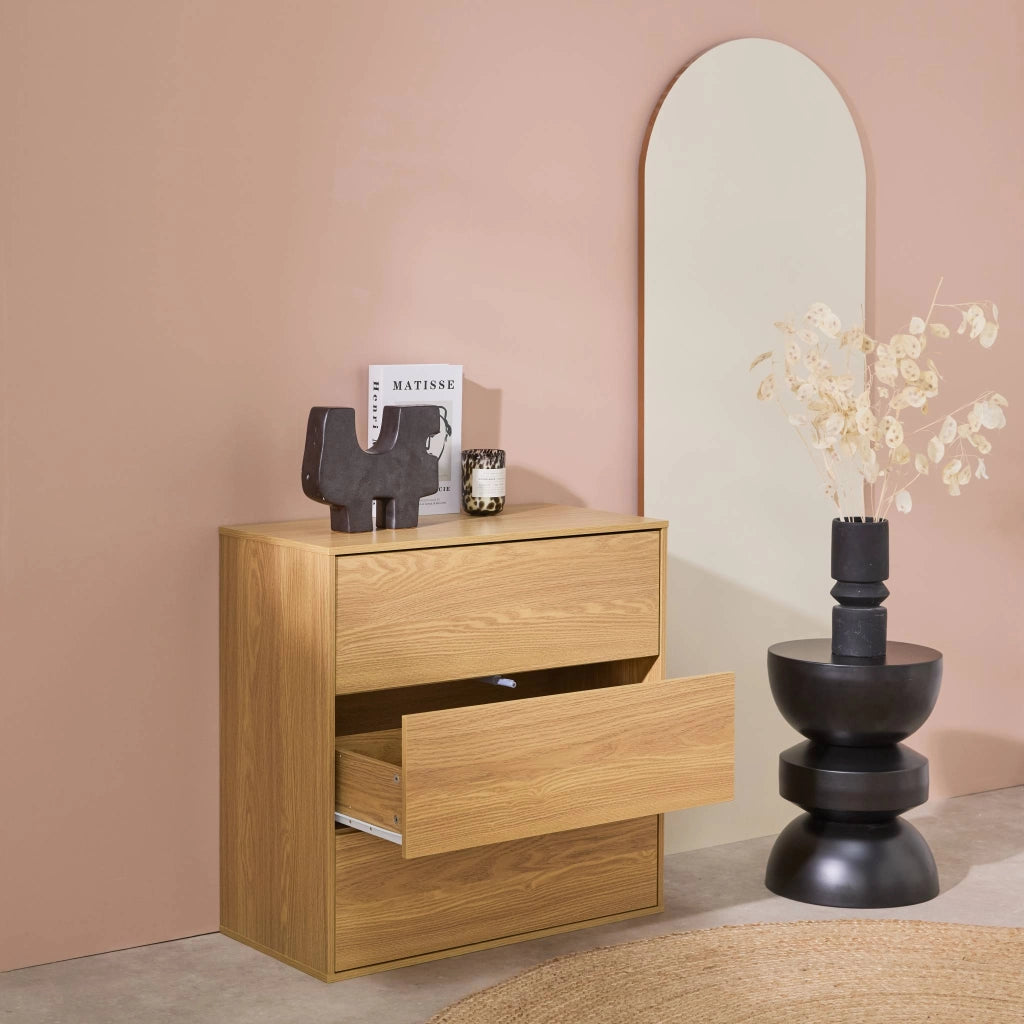 Modulo di stoccaggio decorativo in legno 3 cassetti, quercia